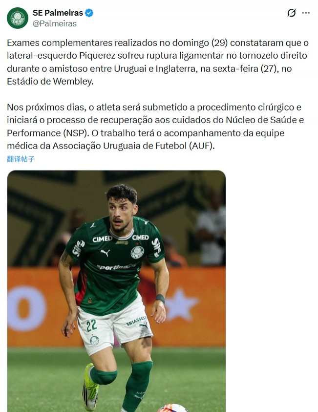 战英格兰受伤，帕尔梅拉斯官方：乌拉圭后卫皮克雷斯脚踝韧带撕裂